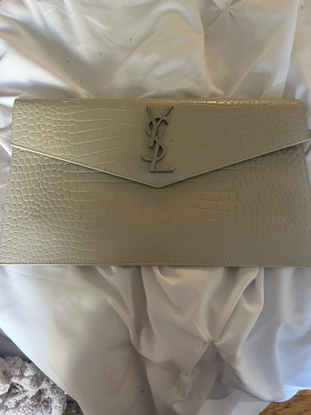 Saint Laurent Croc-Embossed Envelope Clutch in Light Beige with Silver Hardware